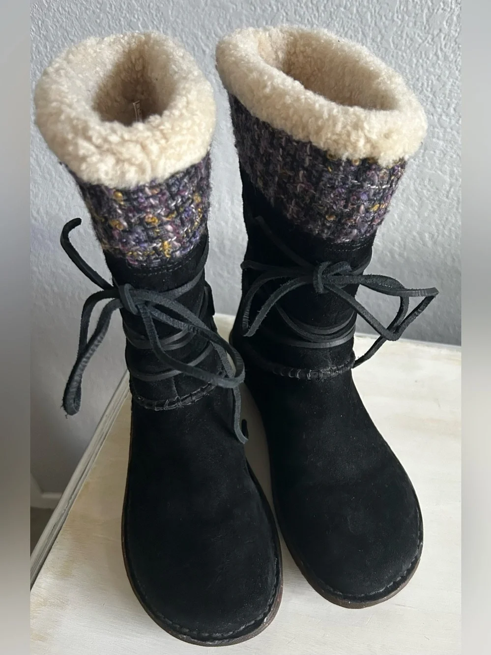 UGG Tanasa Black Suede Lace-Up Shearling Cuff Boots with Tweed Knit, Womens 7.